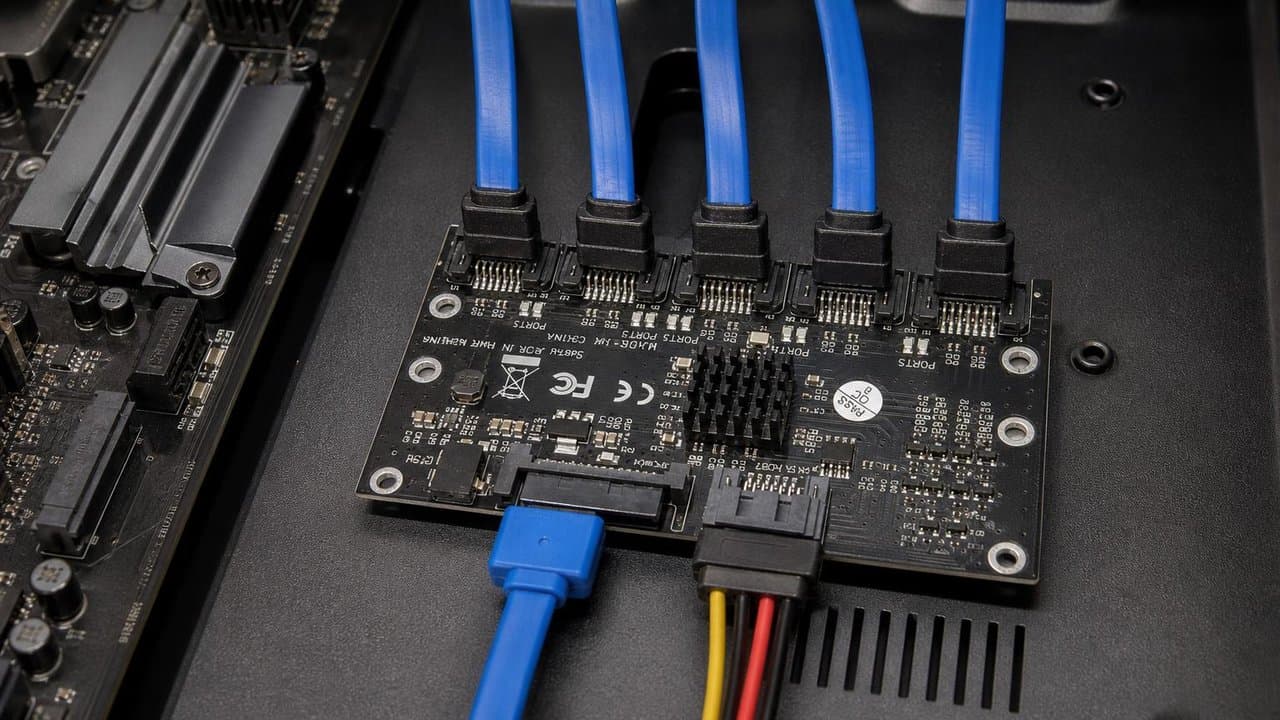 MTS-1SATA5EX y cables azules en escritorio de armado — control de tu storage