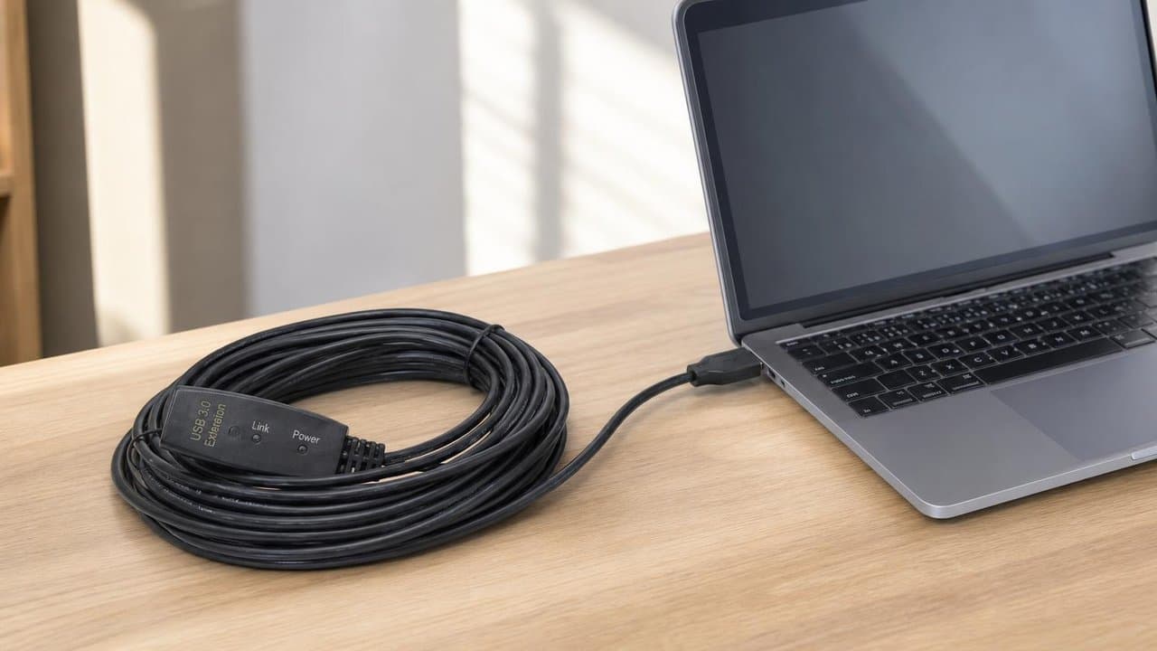 MTS-30EXTUSB15 en escritorio — extensor USB 3.0 15 m junto a notebook y disco