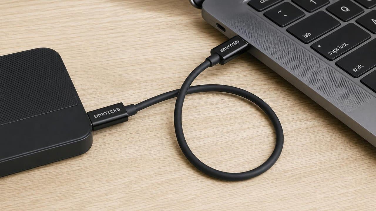 MTS-31USBC1M en escritorio — USB-C a USB-C notebook y SSD