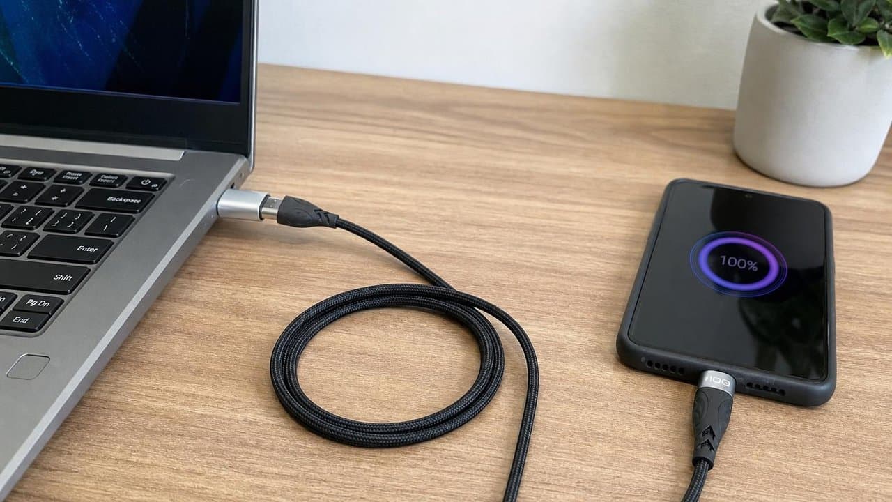 MTS-ACCPD100W1 en escritorio — cable 2 en 1 entre notebook y celular