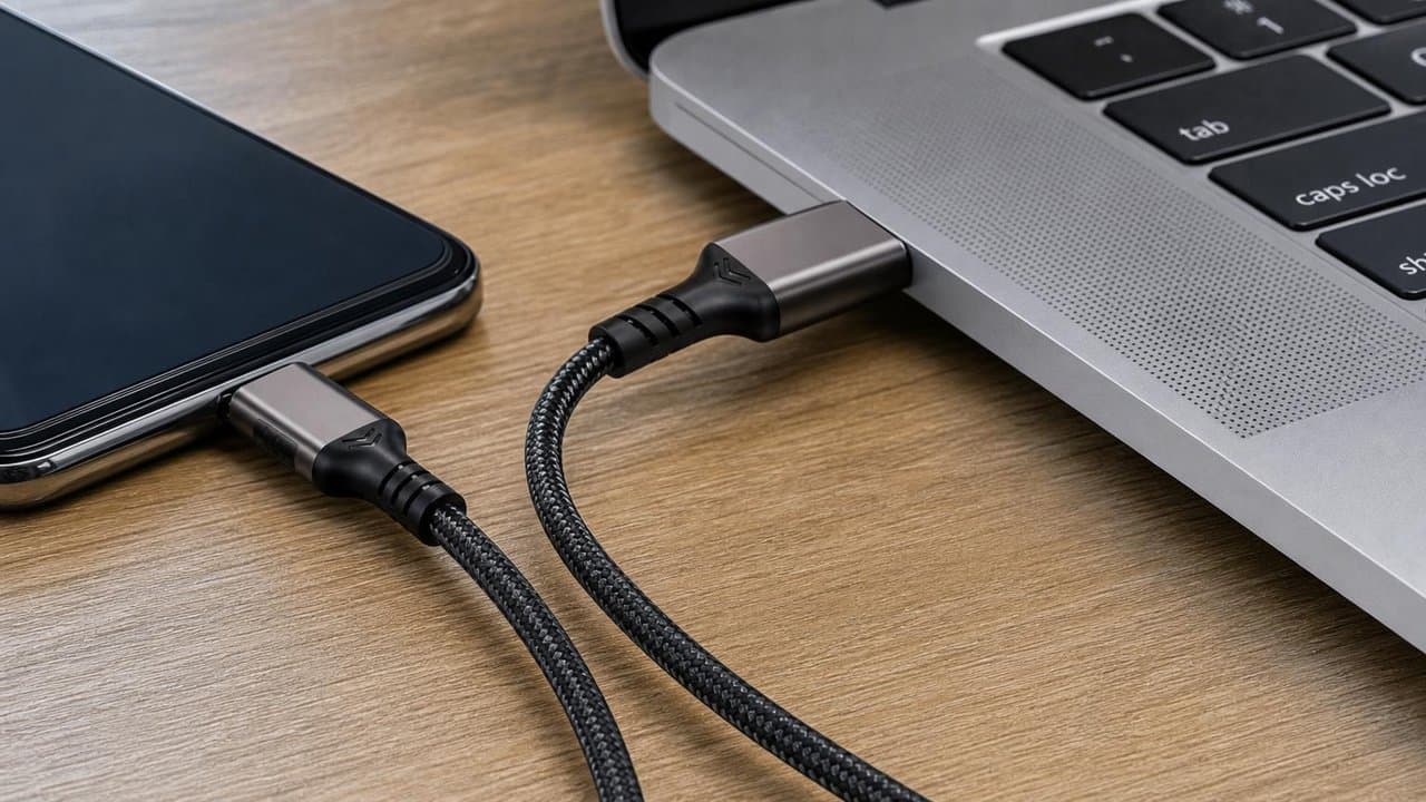 MTS-ACPD66W1 en escritorio — cable USB-A a USB-C mallado con celular y notebook