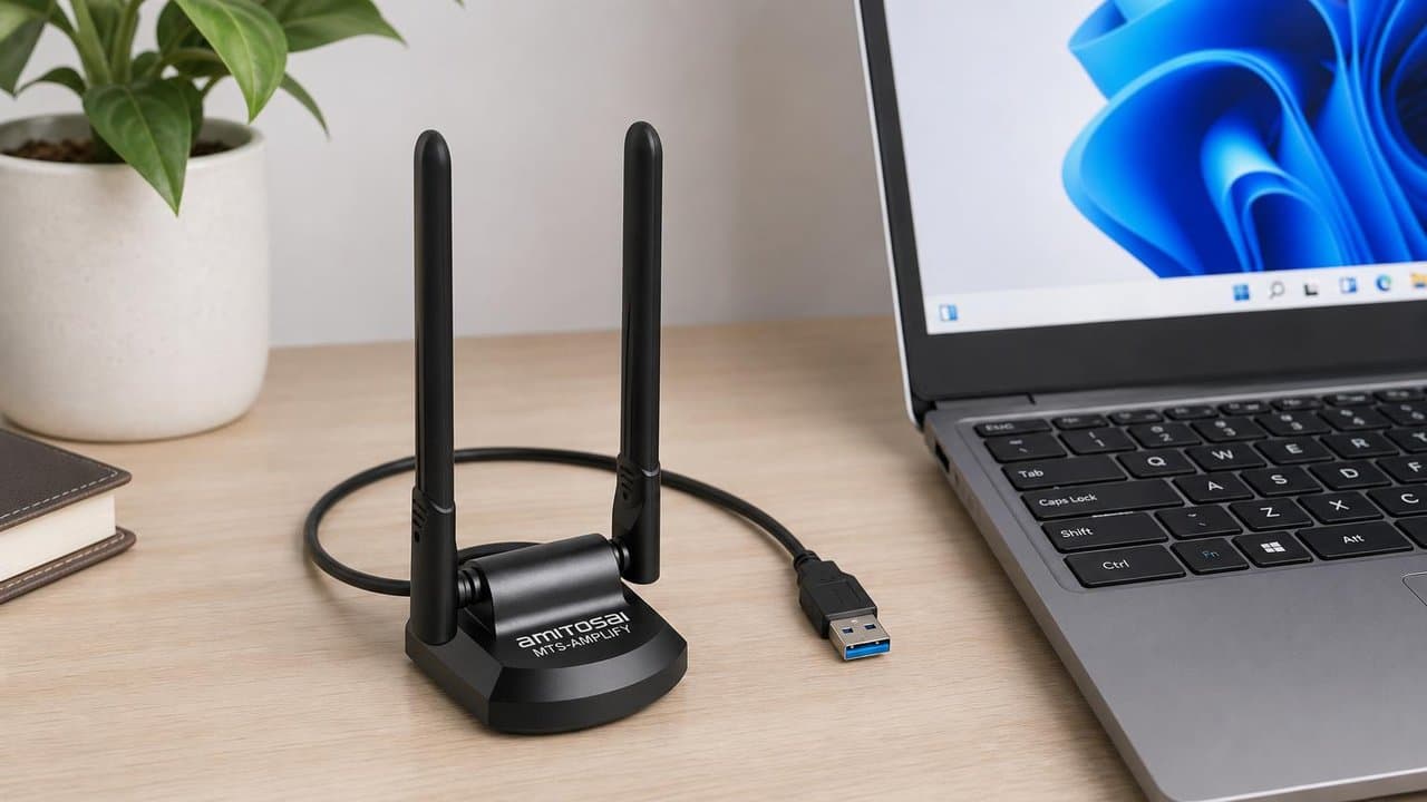 MTS-AMPLIFY en escritorio — Wi-Fi 6E USB con doble antena