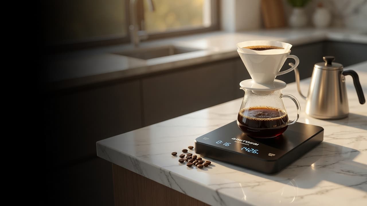 MTS-BARISTA en mesada — pour-over con timer y gramos