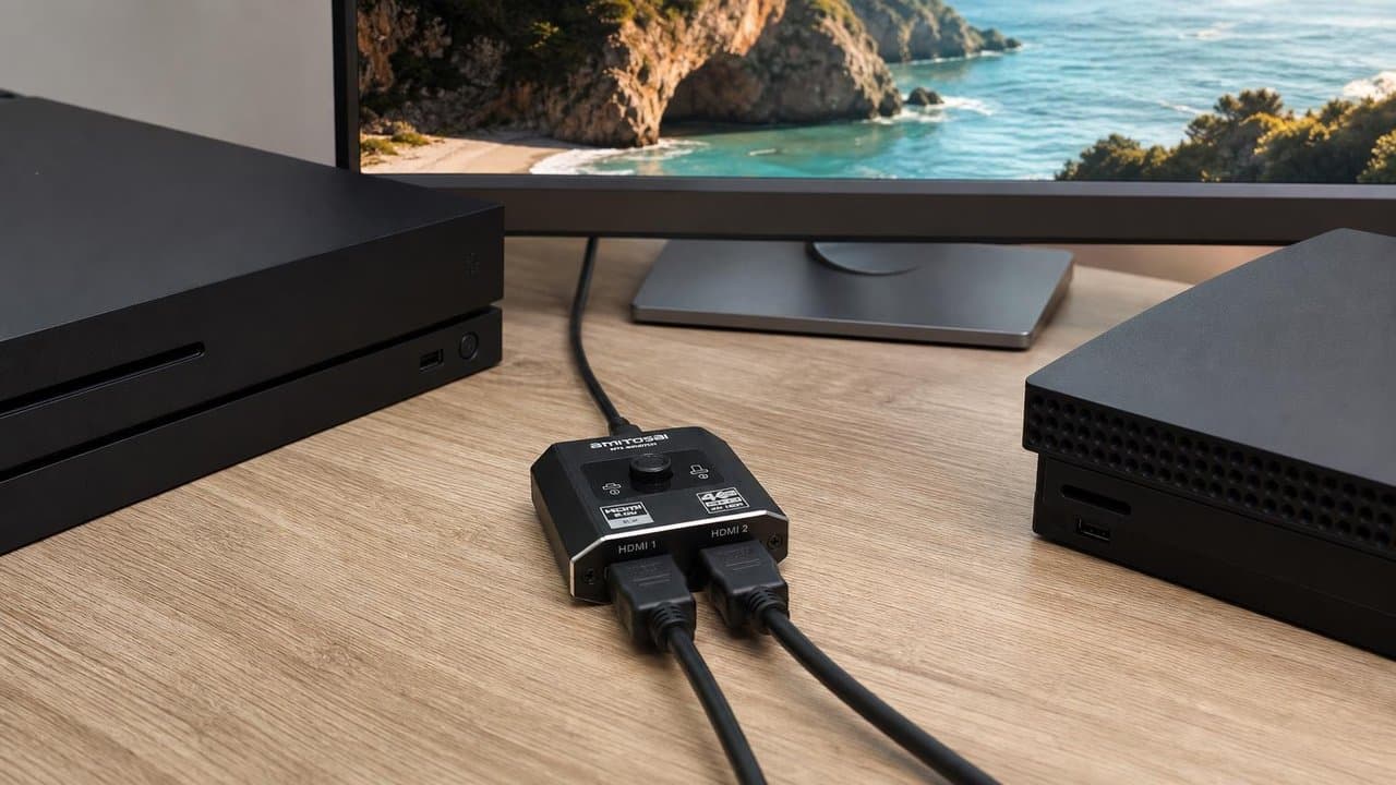 MTS-BISWITCH en escritorio gaming — PC y consola a un solo monitor