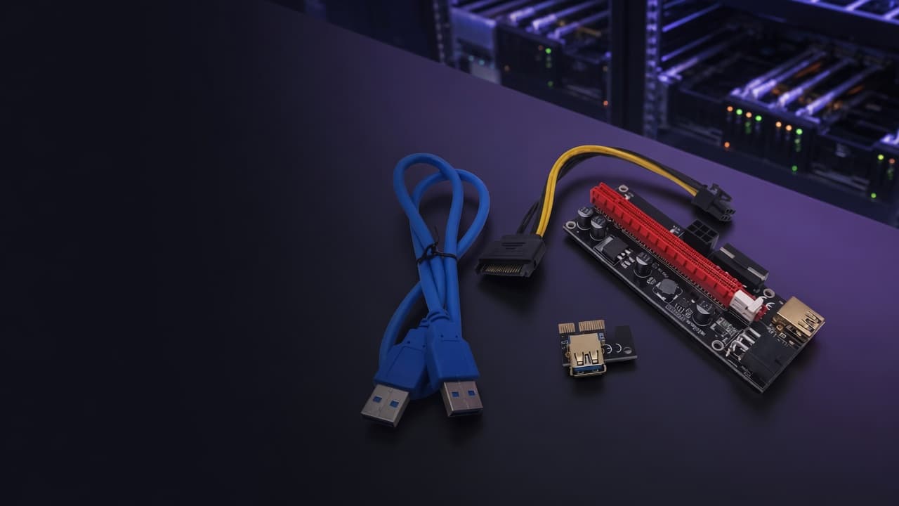 MTS-BTCMINERBLACK en rig de minería — riser PCIe x1 a x16