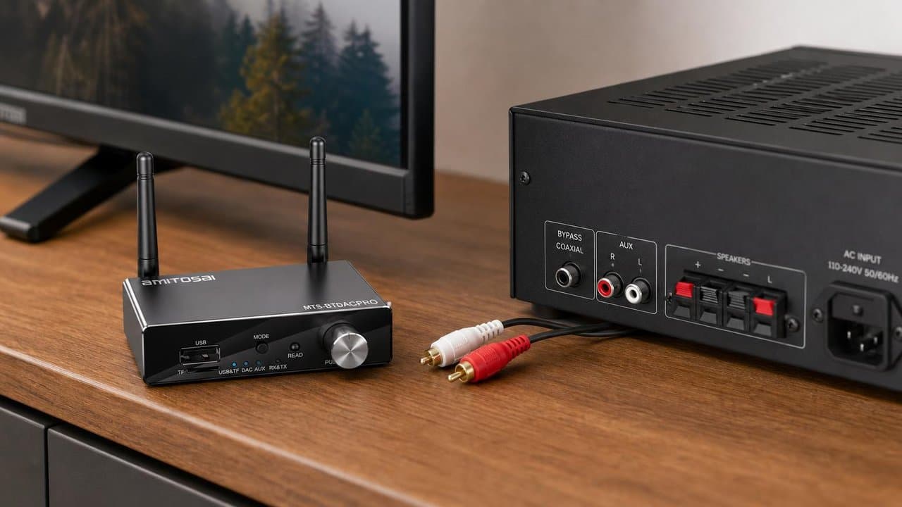 MTS-BTDACPRO en el rack del living — TV y amplificador