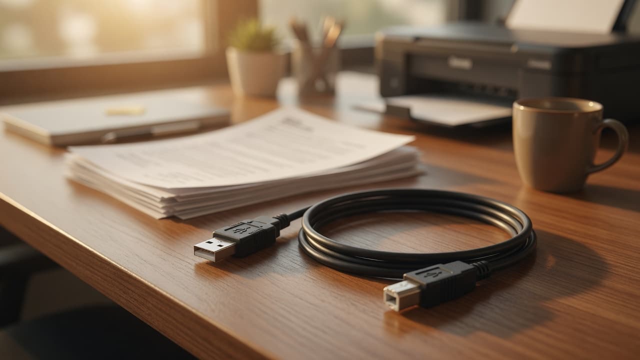 MTS-BUSB150 — cable negro A-B en escritorio con impresora