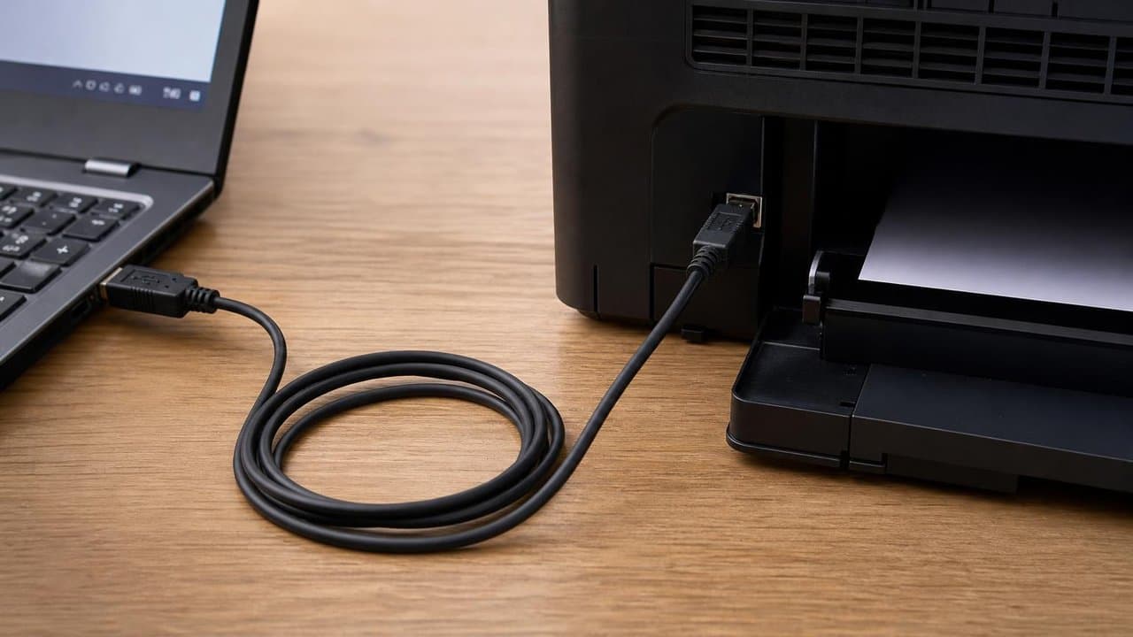 MTS-BUSB150 en escritorio — cable USB A-B entre PC e impresora