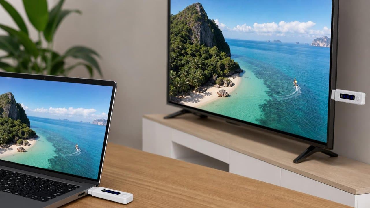 MTS-CASTER Negro — living con notebook y TV sin cable HDMI largo