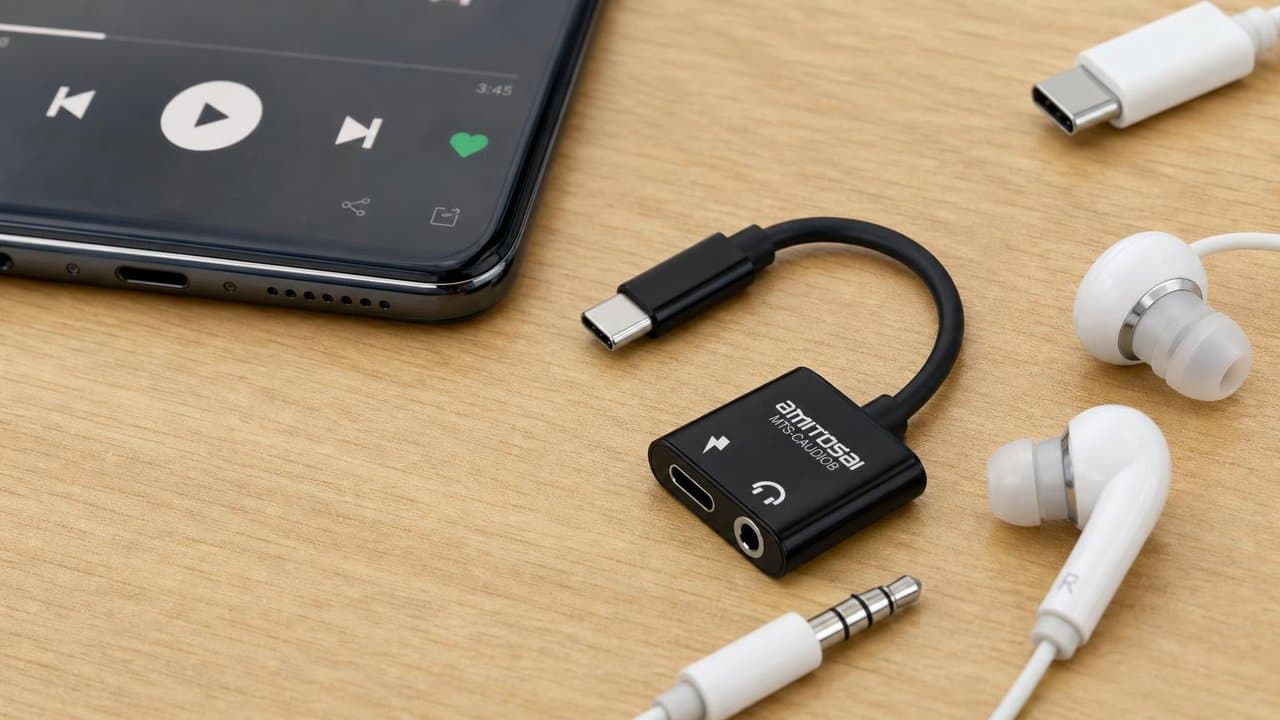 MTS-CAUDIOB — adaptador USB-C negro en escritorio