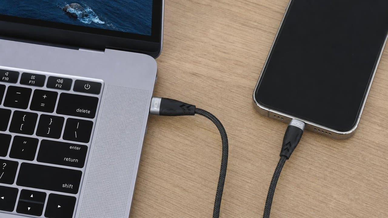 MTS-CCPD100W1 en escritorio — cable USB-C entre notebook y celular