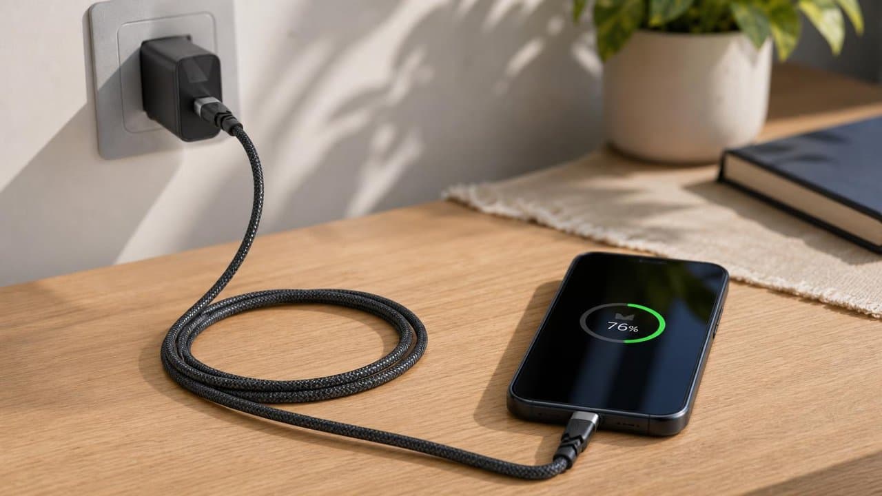 MTS-CCPD100W2 en escritorio — cable USB-C a USB-C con notebook y celular