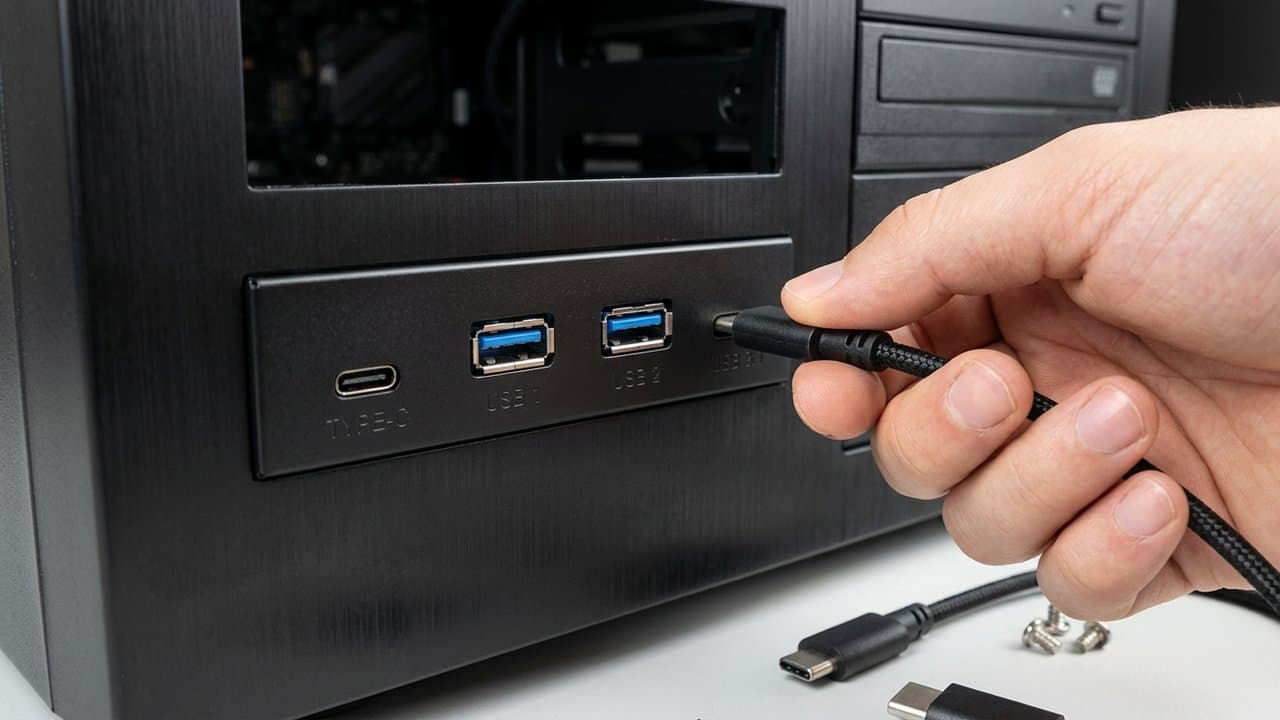 MTS-DESK325USB31AC en el escritorio — panel USB 3.5" con Type-C y Type-A al frente