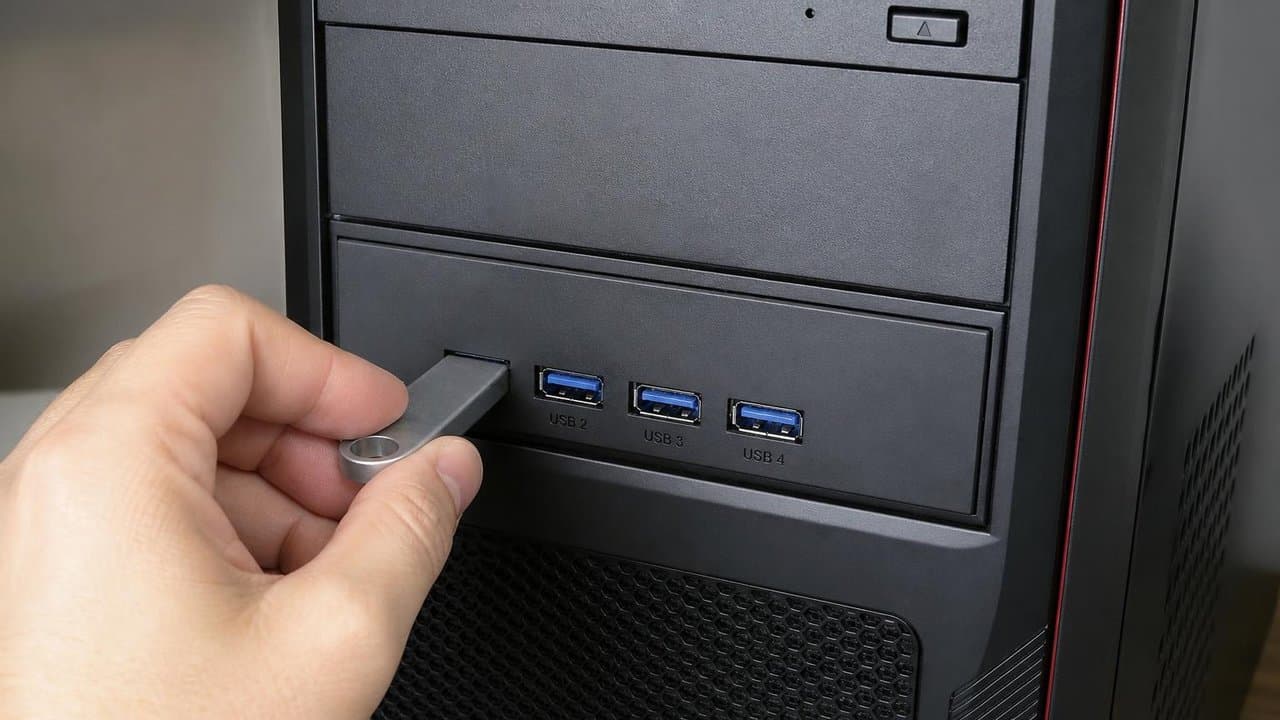 MTS-DESK525USB31 en banco de trabajo — panel USB 5.25" con cuatro USB-A