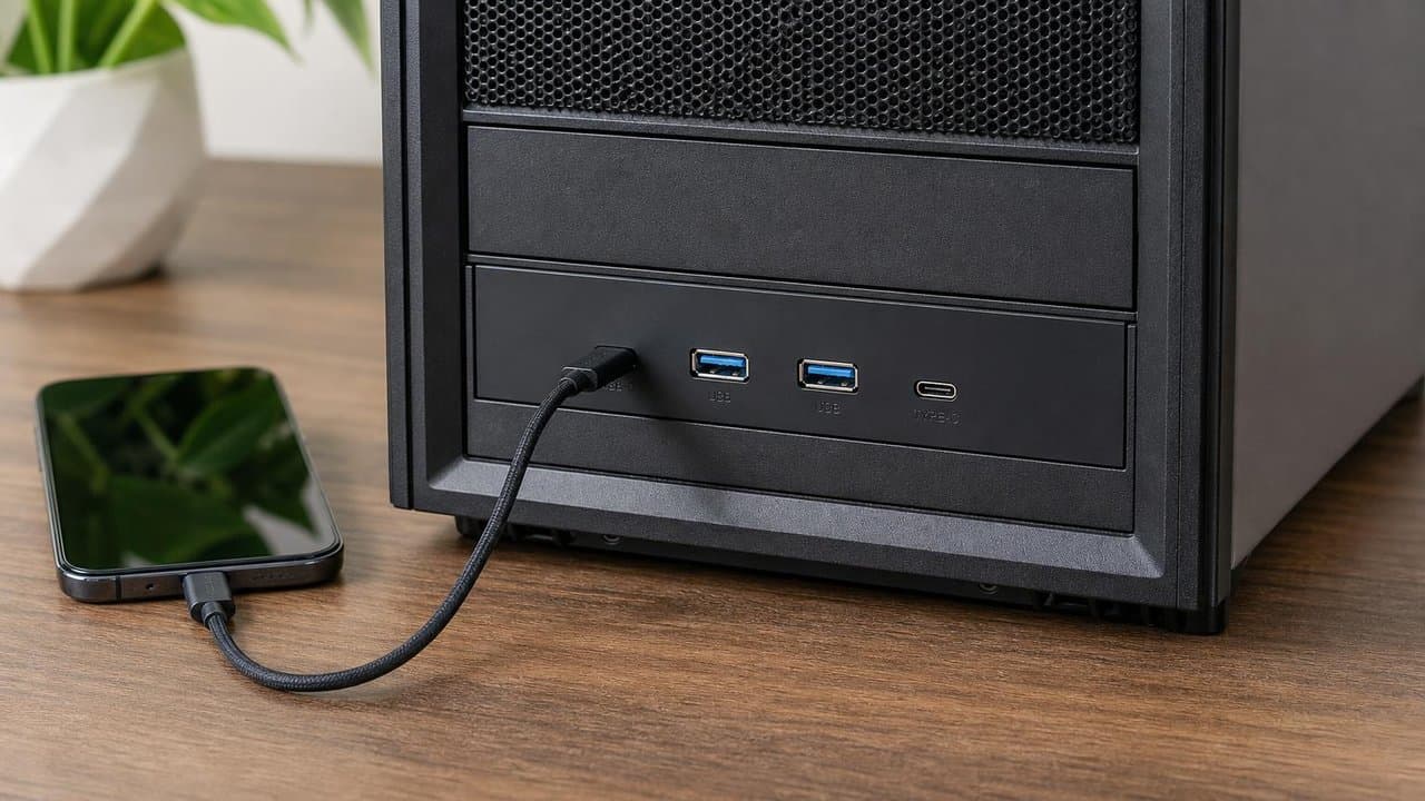 MTS-DESK525USB31AC instalado — panel USB 5.25" con A y C al frente del gabinete