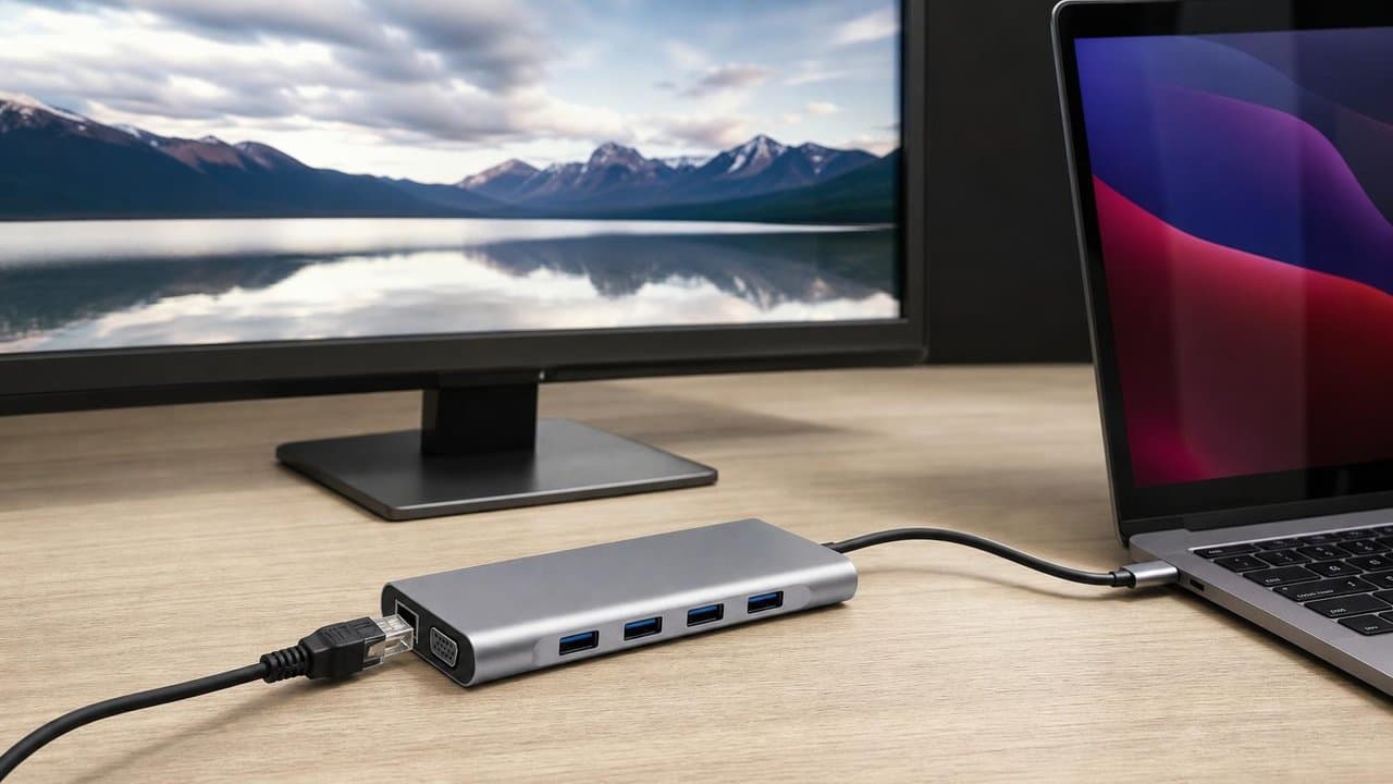 MTS-DOCK111 en escritorio — hub USB-C 11 en 1 con red y VGA