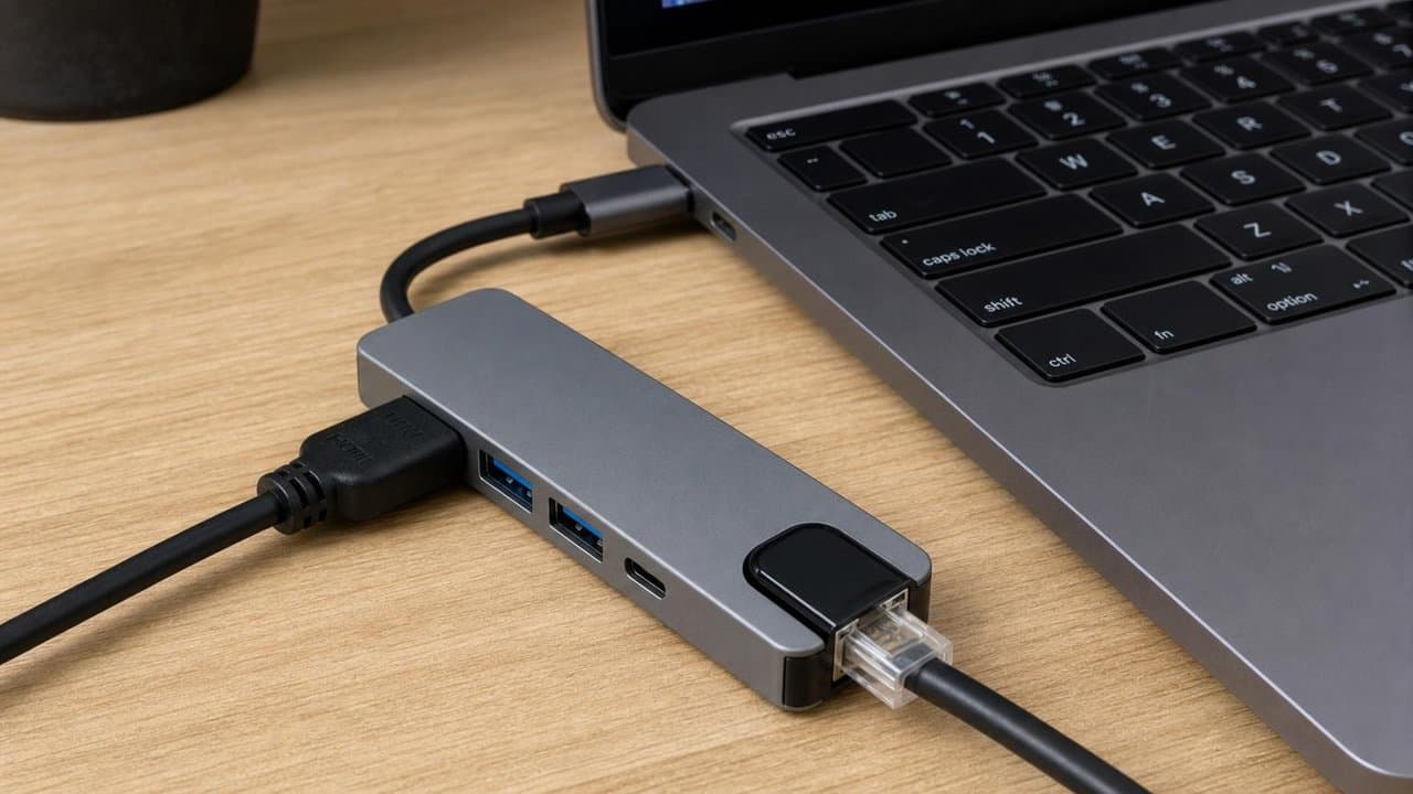 MTS-DOCK51 en escritorio — HDMI, red y periféricos desde un USB-C