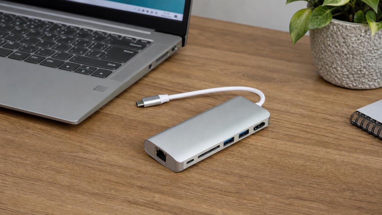MTS-DOCK61 en escritorio — dock USB-C con red, HDMI y USB