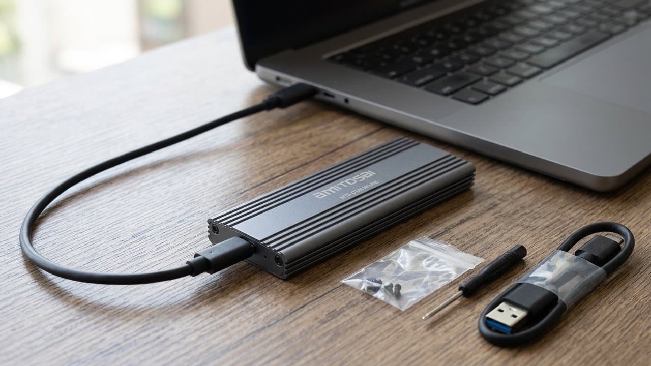 MTS-DUALM2USB conectado a notebook — rescate y transferencia M.2
