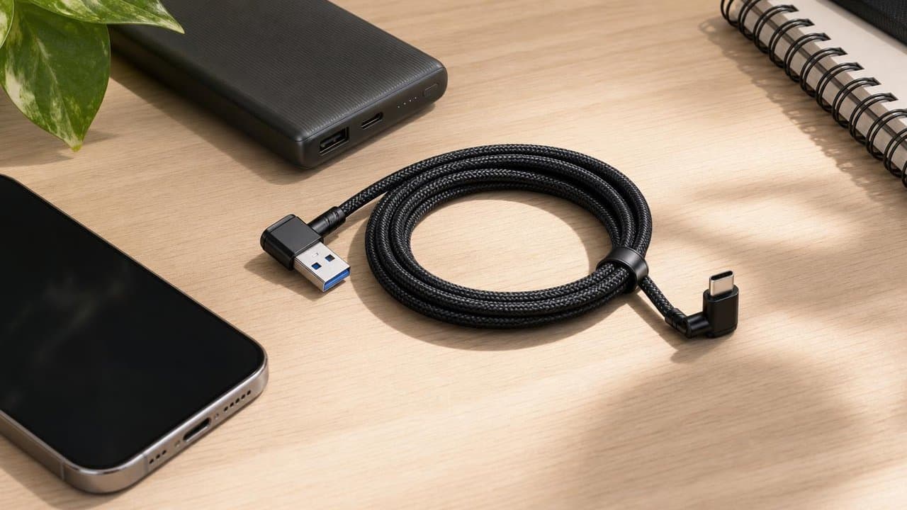MTS-ELBOW100 — cable codo mallado en mesita con power bank y celular