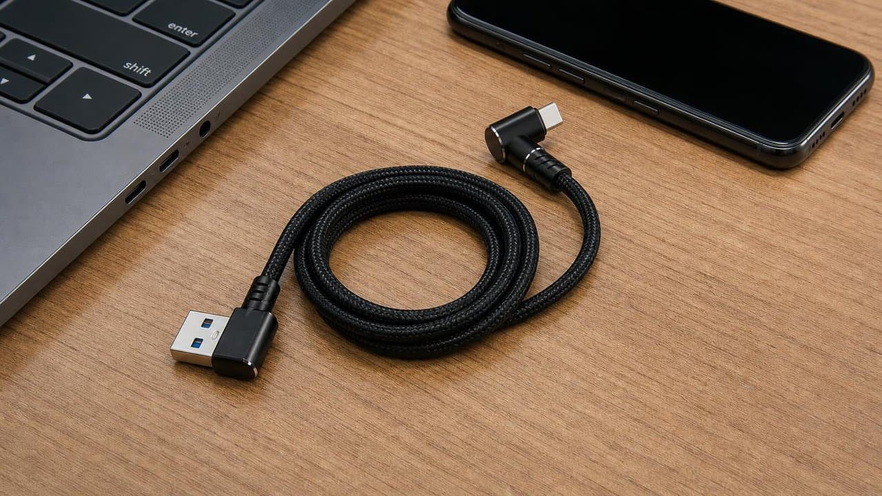 MTS-ELBOW100 en escritorio — celular USB-C y notebook USB-A con cable codo