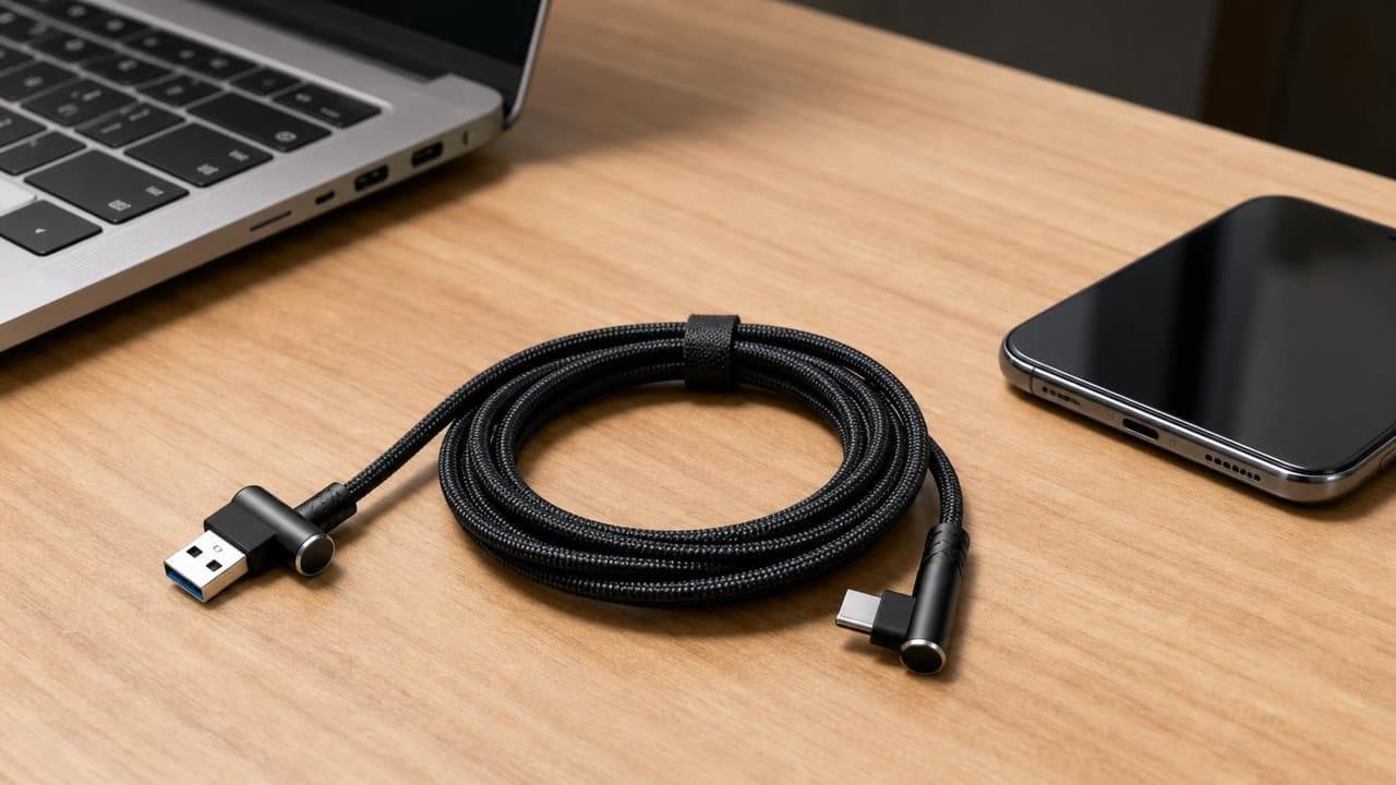 MTS-ELBOW200 en escritorio — cable USB-A a USB-C codo 90°