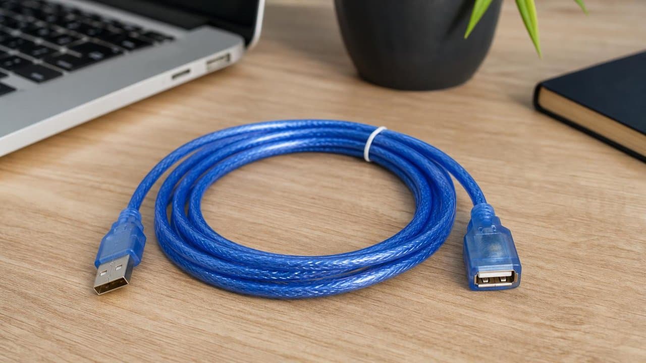 MTS-EXTUSB150 — cable azul 1,5 m en escritorio