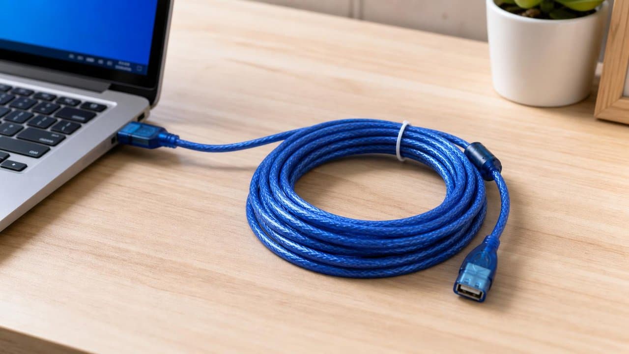 MTS-EXTUSB500 — cable alargue azul listo en el escritorio