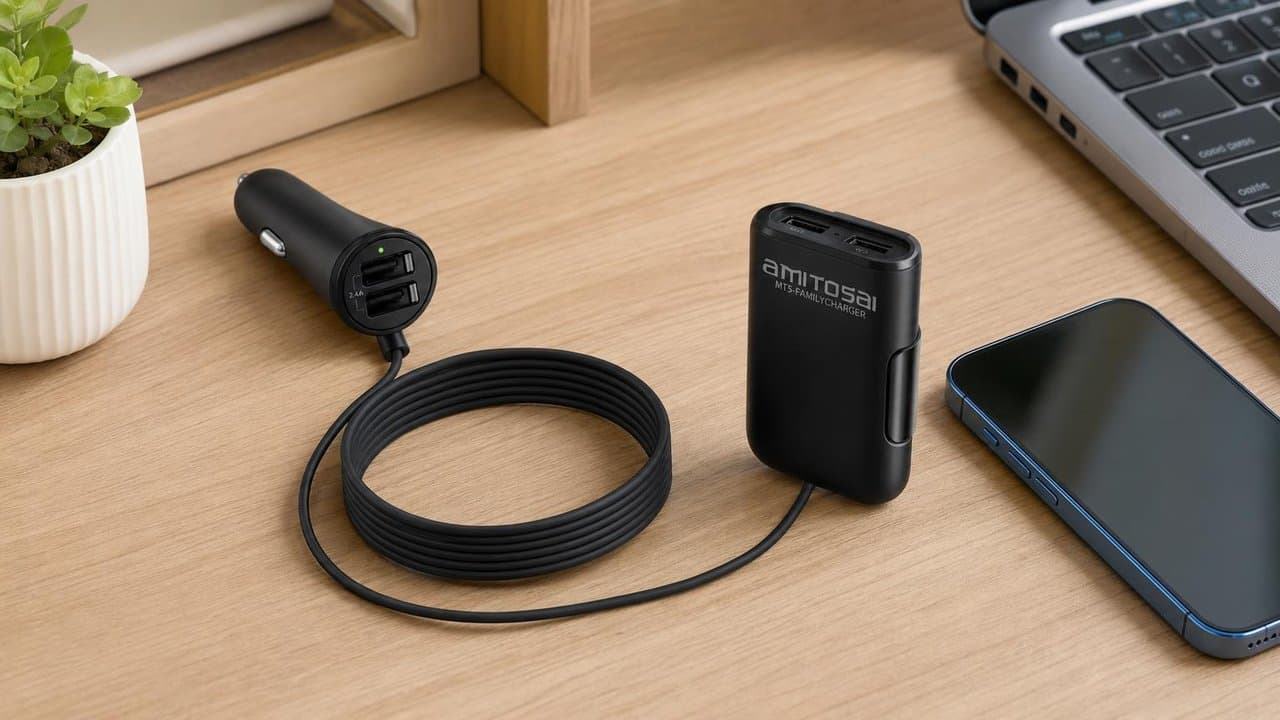 MTS-FAMILYCHARGER en viaje familiar — hub al alcance de la segunda fila