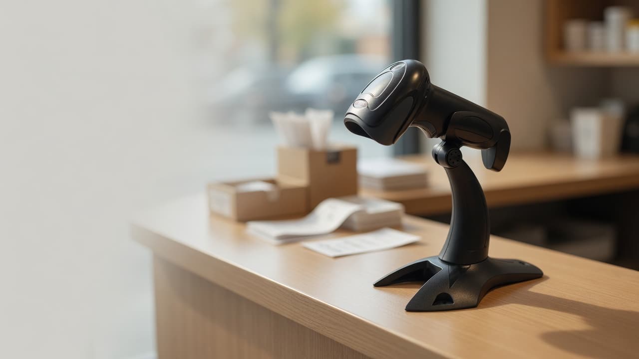 MTS-FREEDOMPRO en mostrador — lector 2D con base para retail