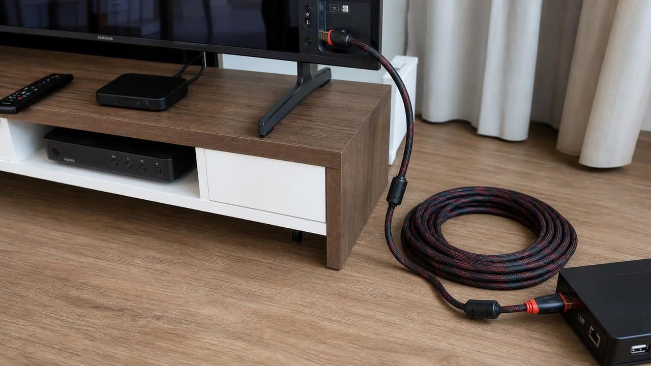 MTS-HDMI1410 — cable HDMI 10 m en living con smart TV y rack lejos