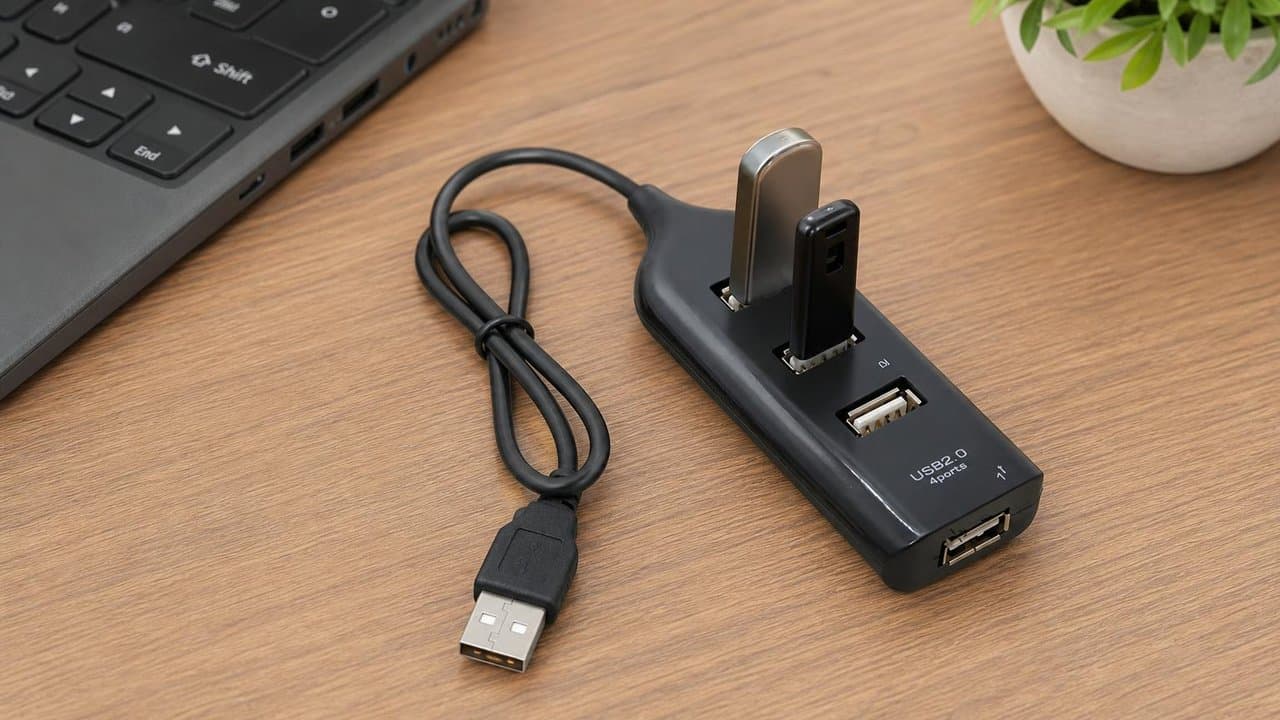 MTS-HUB24 en escritorio — 4 puertos USB para notebook