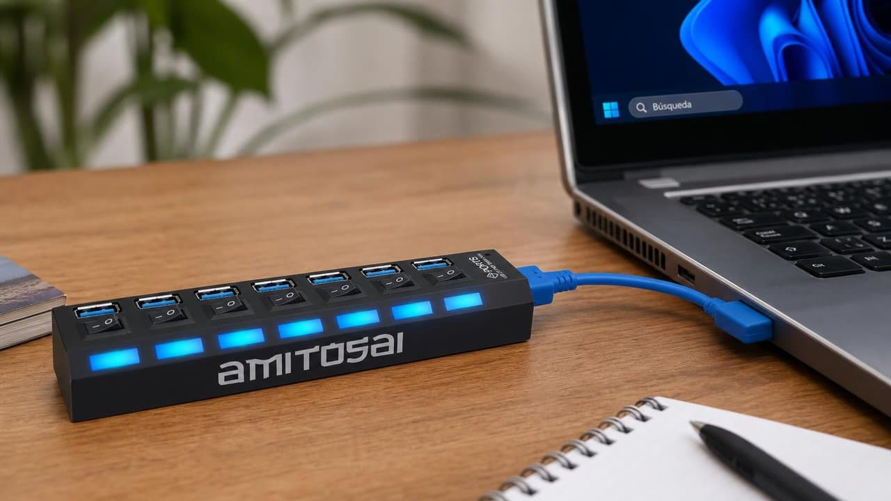 MTS-HUB37 — hub con LEDs azules listo en el home office