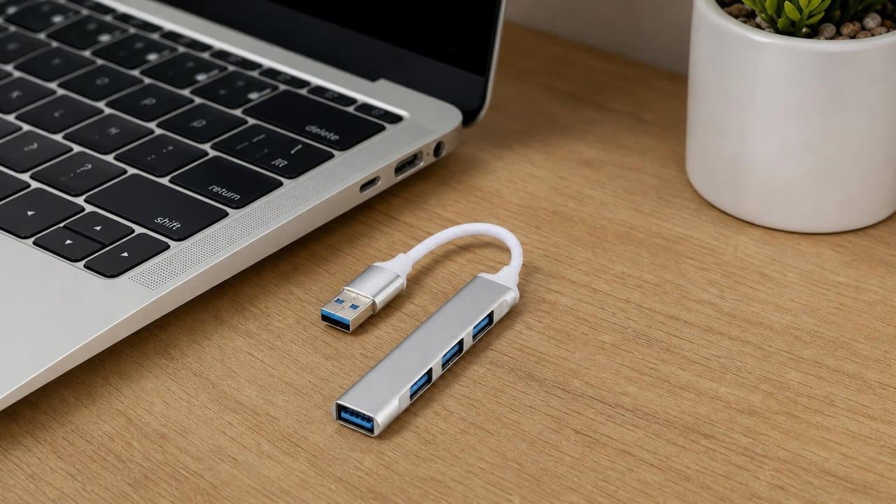 MTS-HUB3X4AL en el escritorio — hub USB aluminio con periféricos conectados