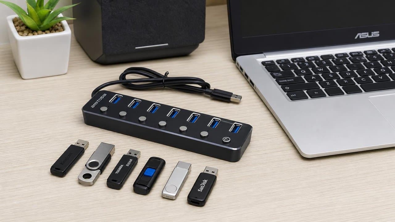 MTS-HUB3X7 en escritorio — 7× USB 3.0 con switch
