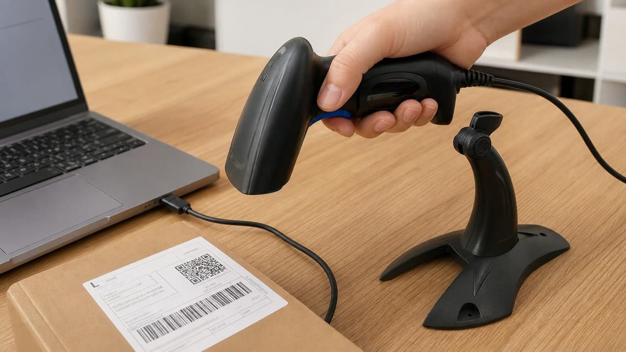 MTS-IRIS en mesa de packing — el escáner USB del día a día