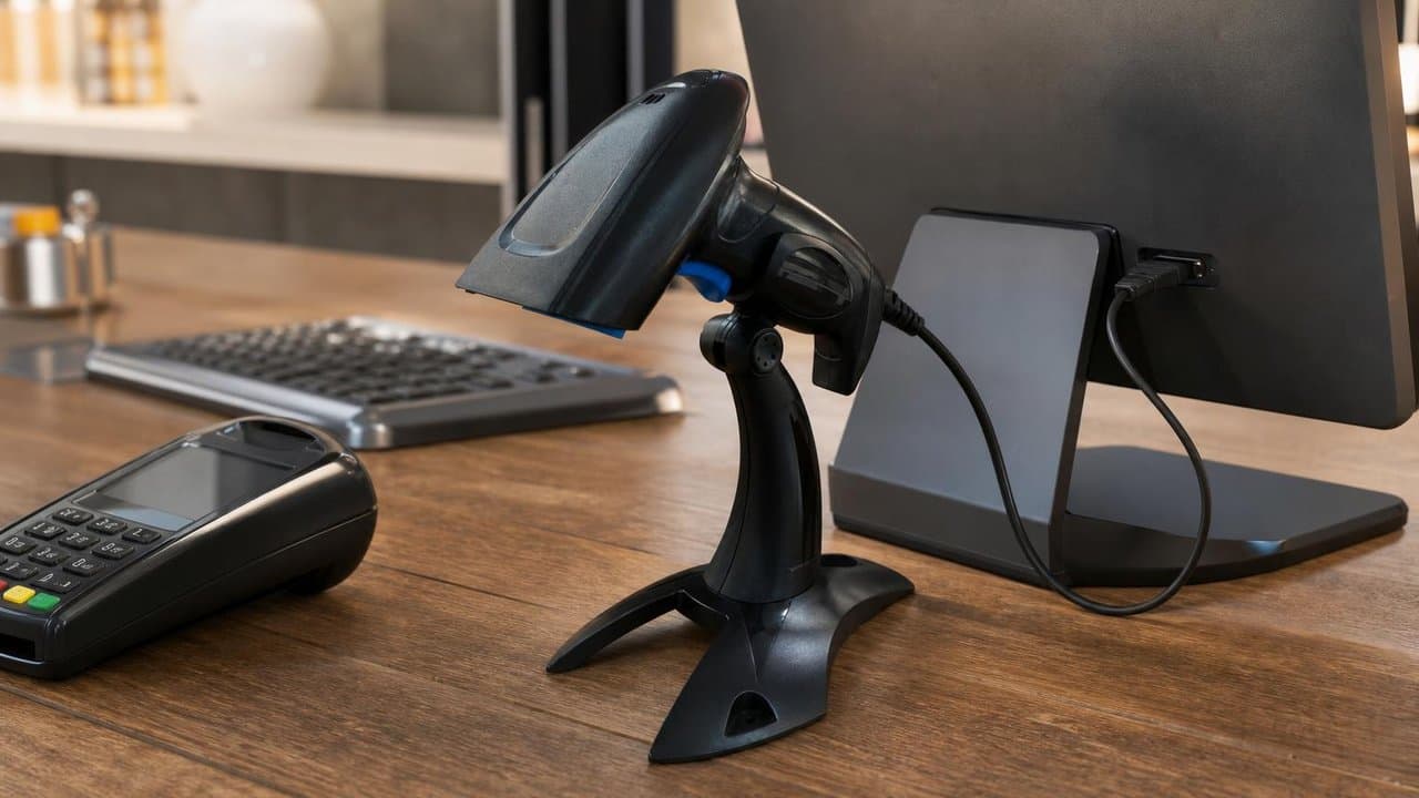 MTS-IRIS en mostrador de kiosco — lector USB 2D con base