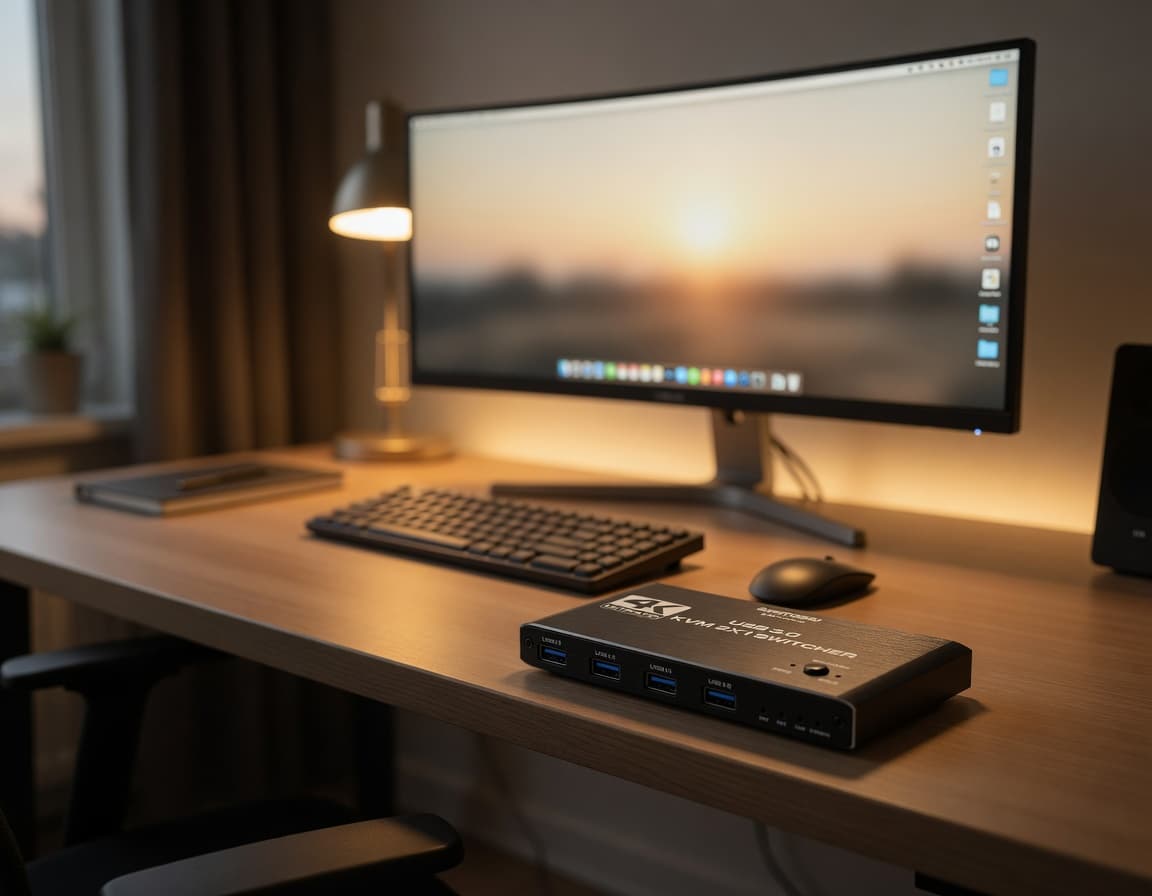 MTS-KVM4K2MAX — escritorio ordenado, una pantalla, dos computadoras