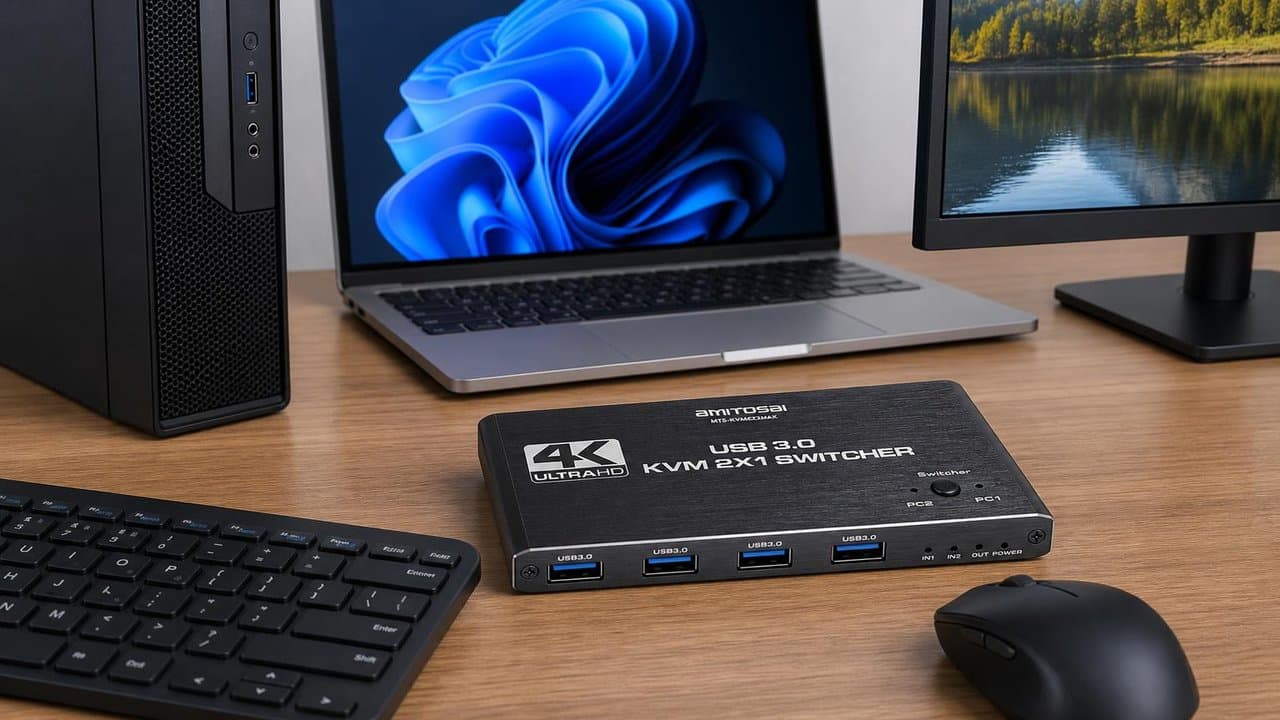 MTS-KVM4K2MAX en escritorio dual PC — un teclado, un monitor, dos máquinas