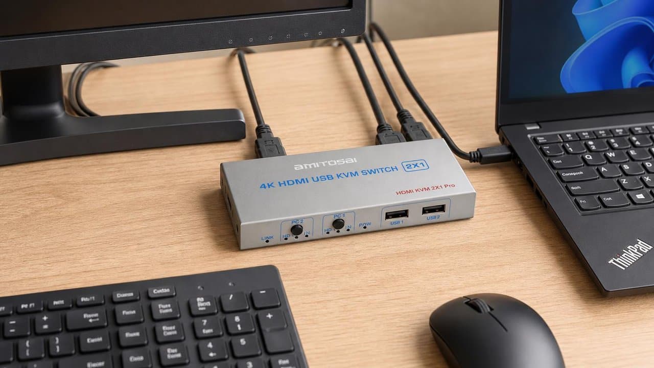 MTS-KVM4K2P — escritorio ordenado, una pantalla, dos computadoras