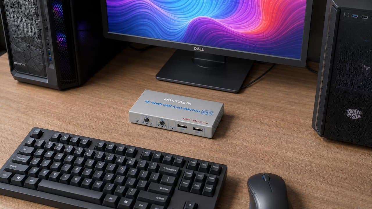 MTS-KVM4K2P en escritorio dual PC — un teclado, un monitor, dos máquinas