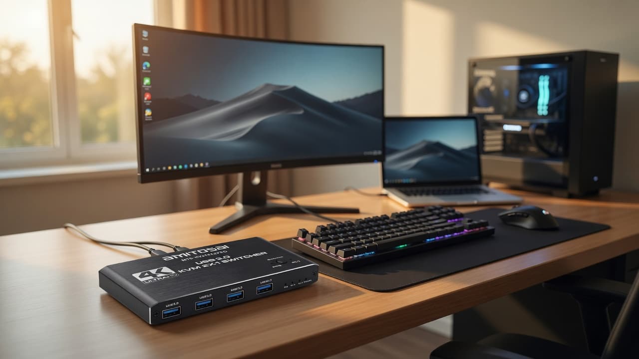 MTS-KVM4K2PRO en escritorio dual PC — un teclado, un monitor, dos máquinas
