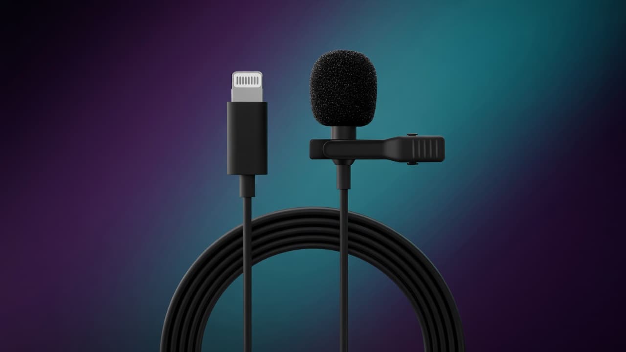 MTS-LAVALIER-L — mic lavalier y conector Lightning en fondo premium