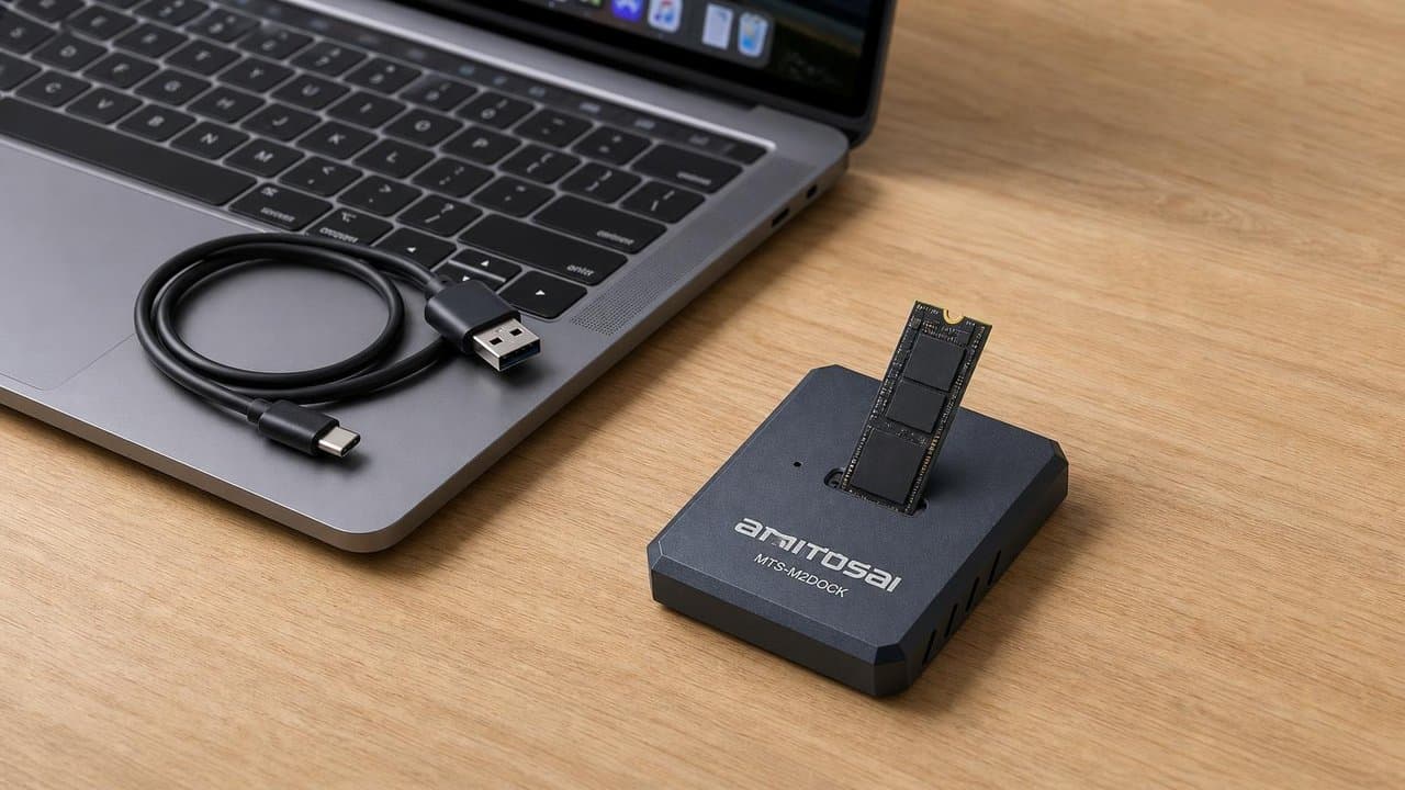 MTS-M2DOCK en escritorio con SSD M.2 — clonado y backup por USB
