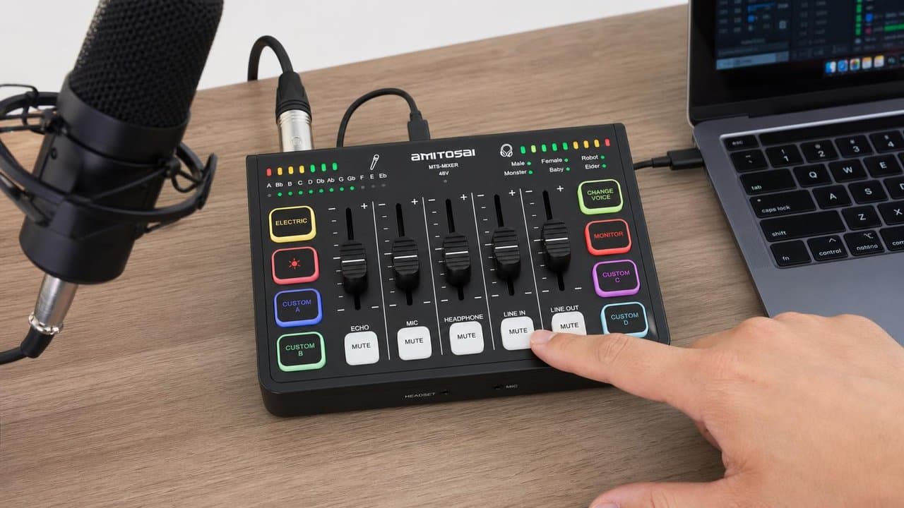 MTS-MIXER en escritorio de stream — faders y mic en brazo