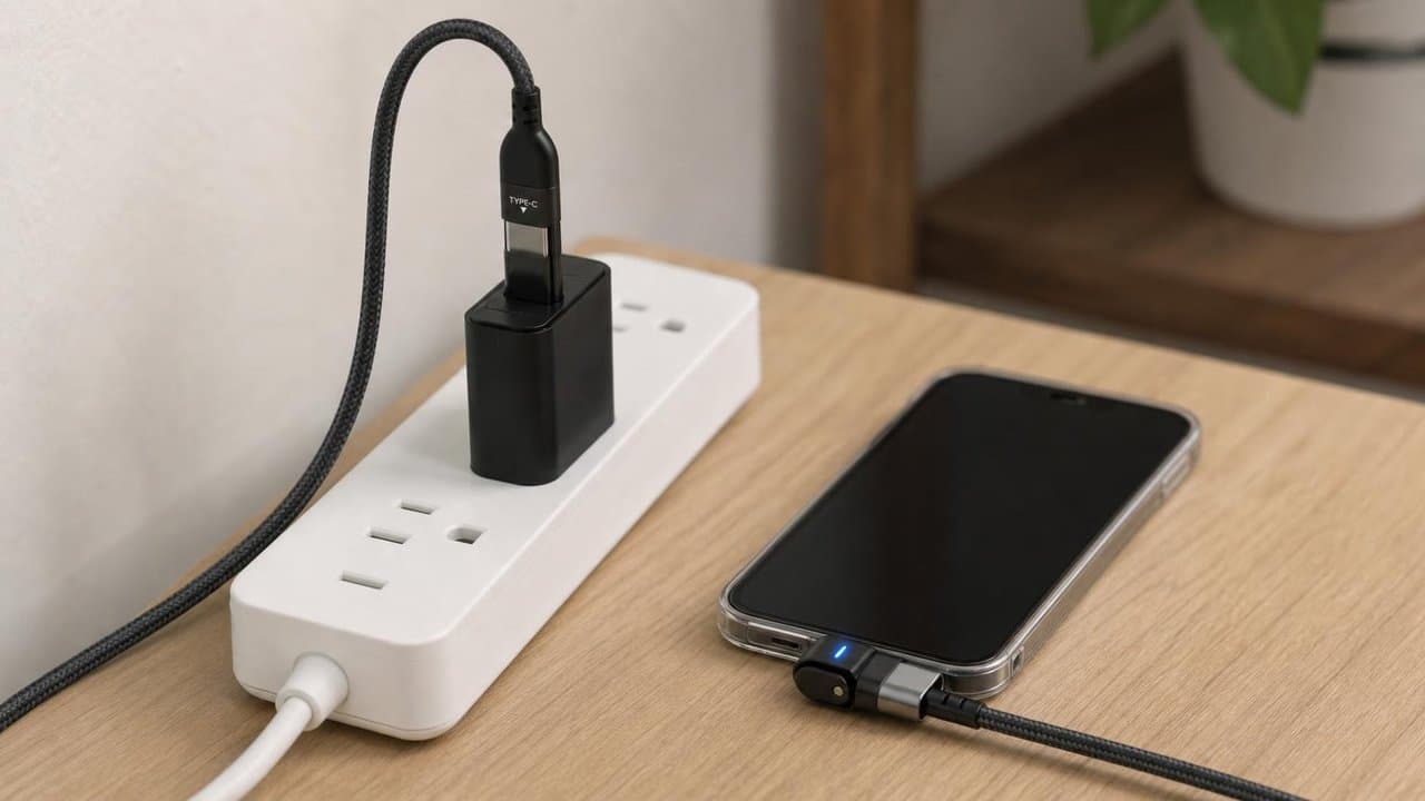 MTS-MOVER100 en escritorio — cable USB-C 1 m con adaptador A y codo 180° junto a tablet