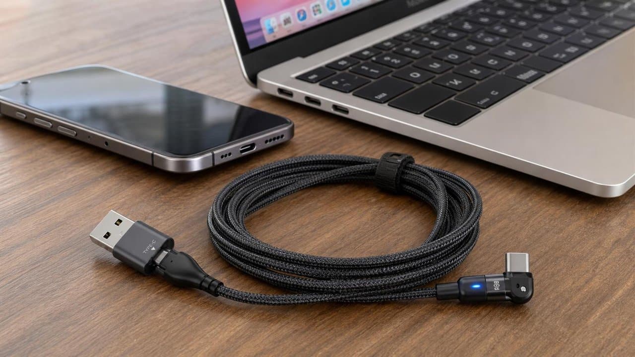 MTS-MOVER200 en uso — cable USB-C codo 180° cargando en escritorio