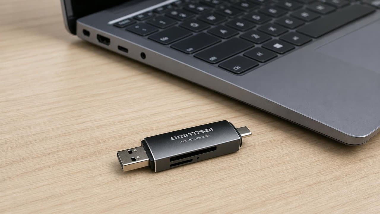 MTS-MULTIREADER en escritorio con notebook USB-C y pendrive