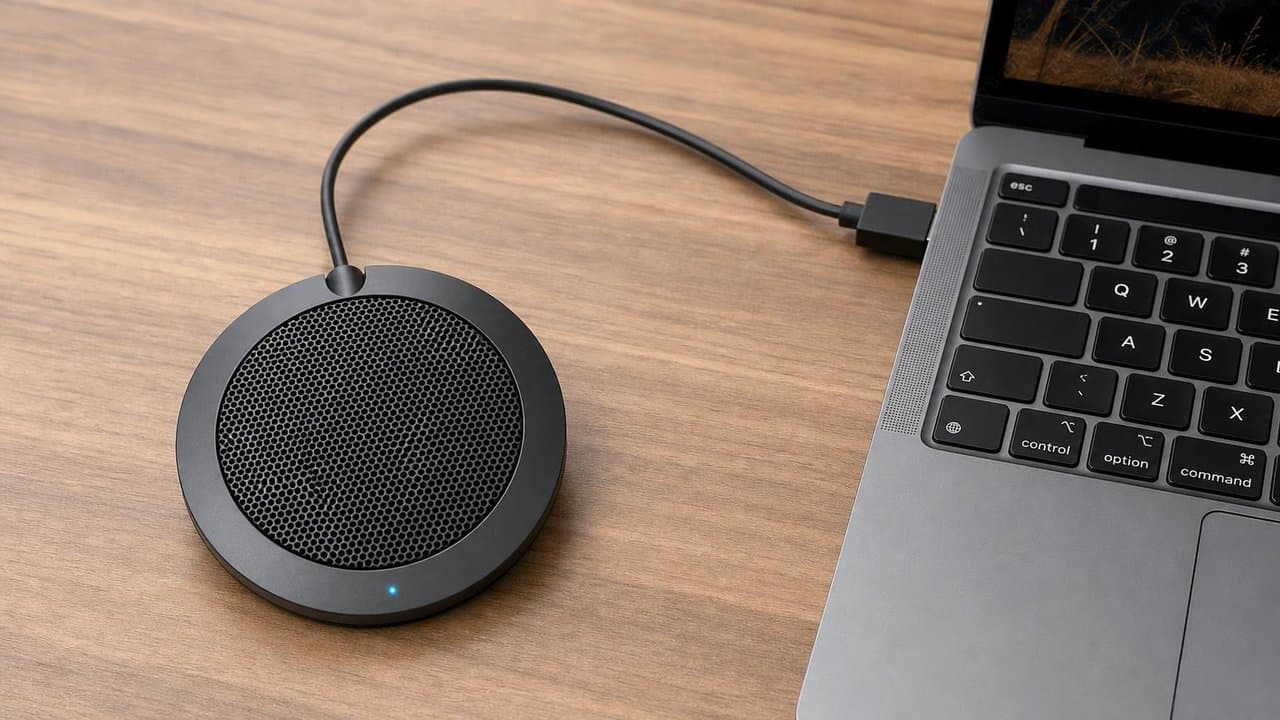 MTS-OMNIMIC en escritorio — mic USB para reuniones y Zoom