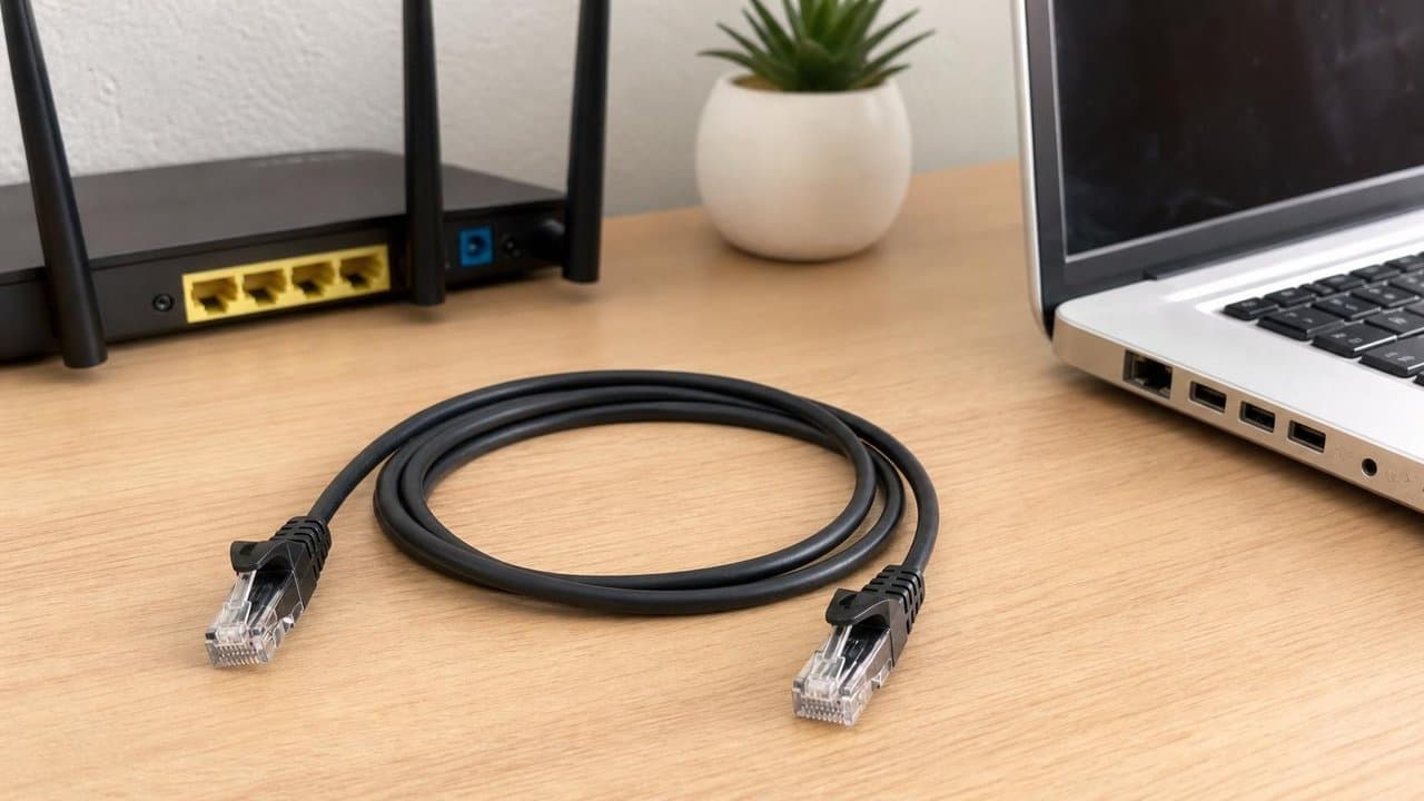 MTS-PATCH6100 — 1 m Cat 6 entre router y notebook en escritorio